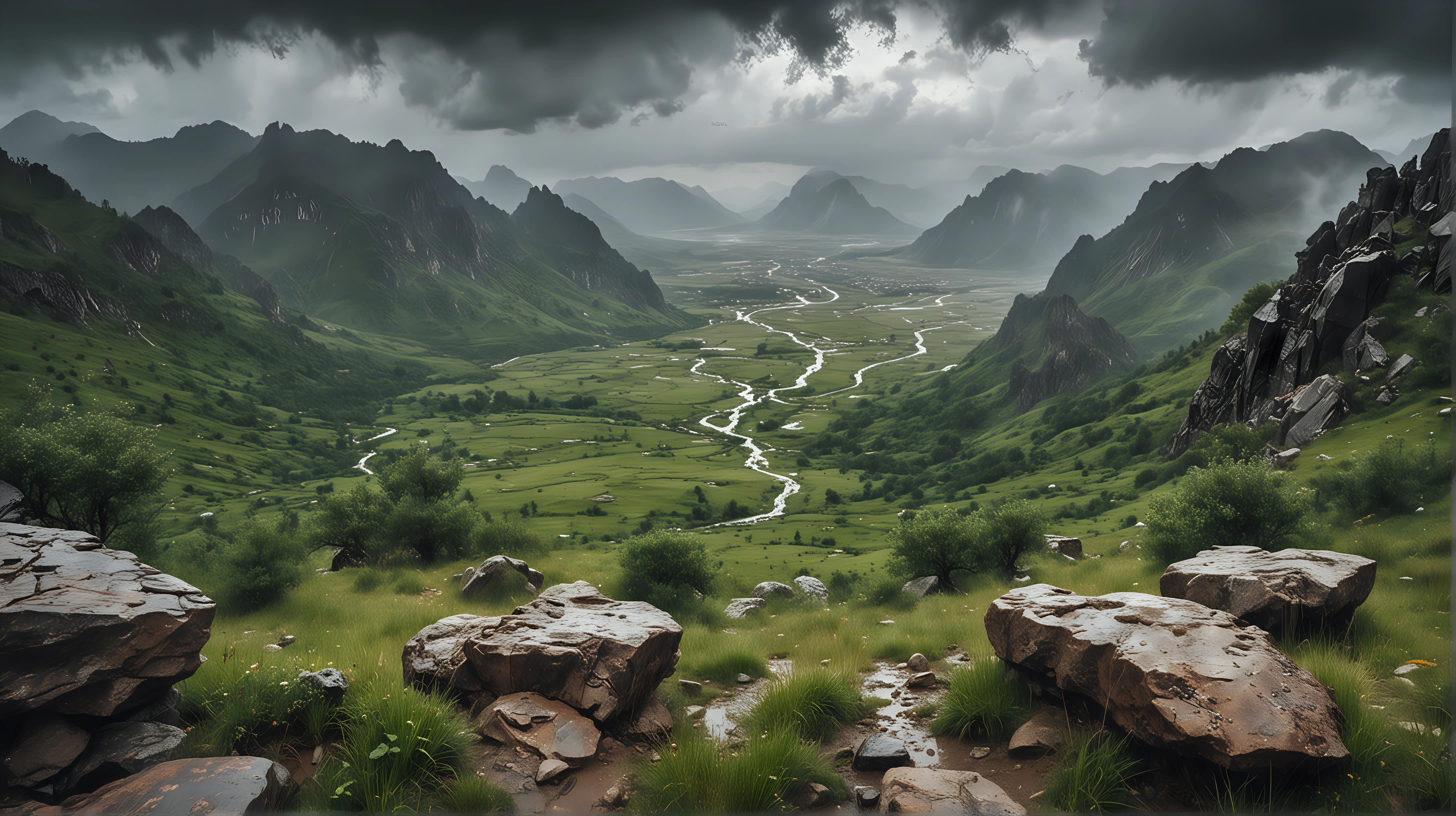 the view of a valley between two mountain ranges, grass, trees, bushes, strange stones, hard rain, cloudy, distant view from a high mount