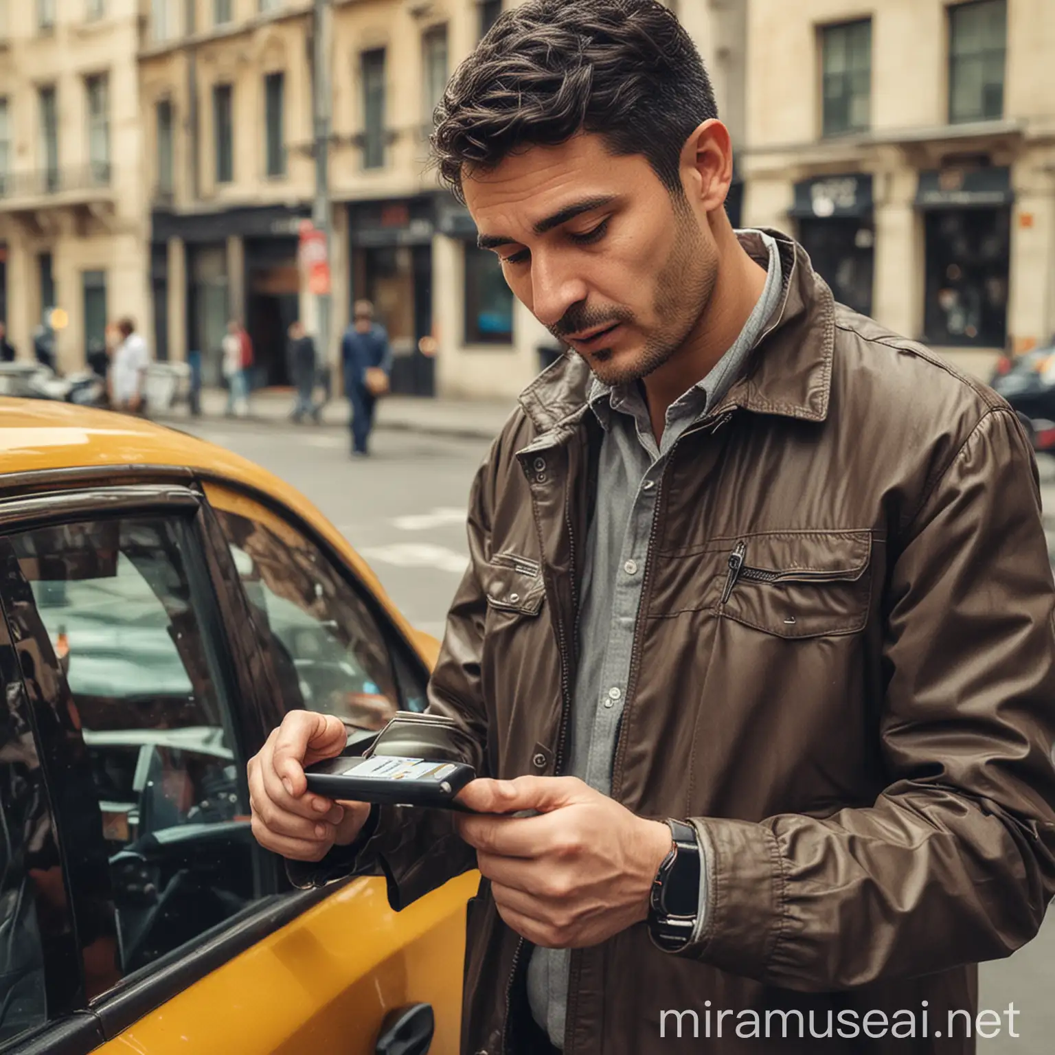 un chauffeur de taxi entrain de scanner un documents vaec son smartphone