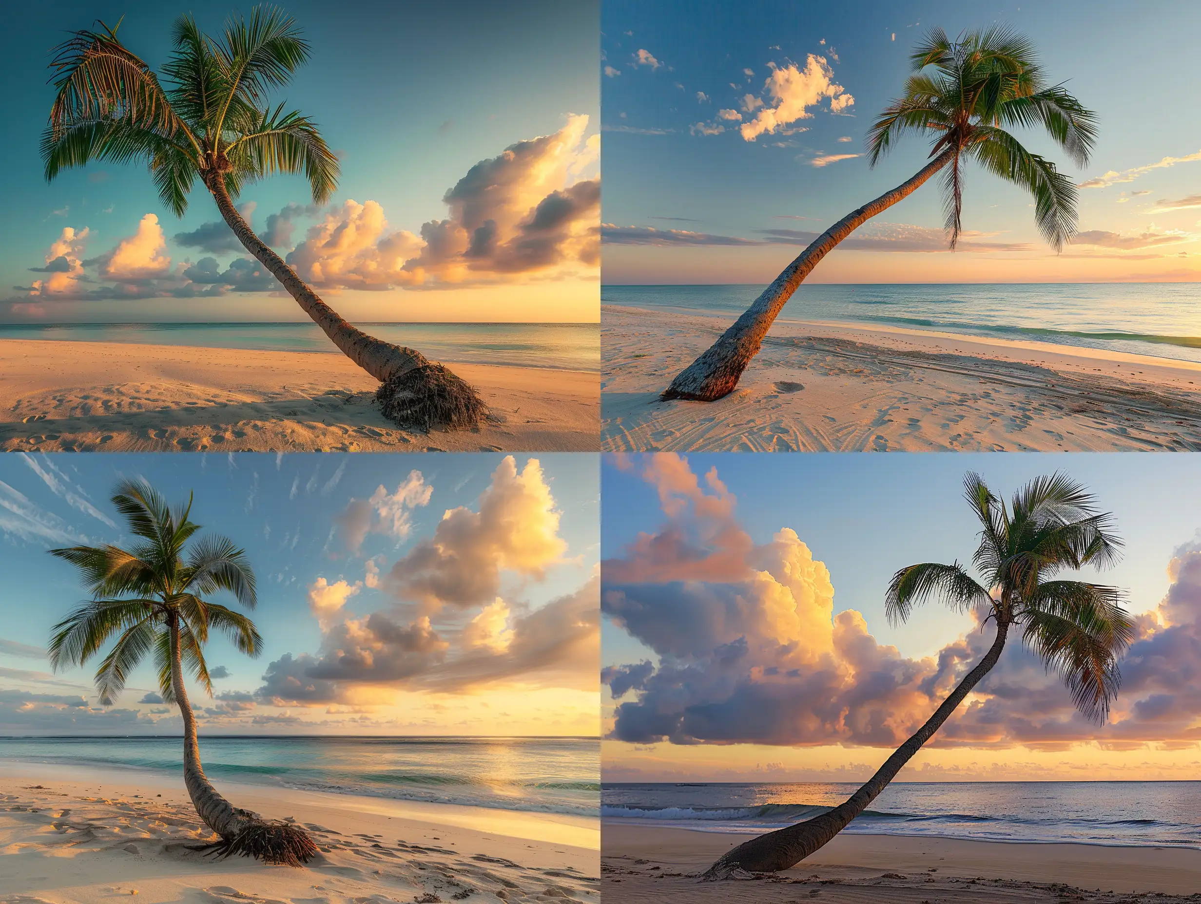 A beautiful strangely bent palm tree on tropical beach at Golden hour, stunning photography