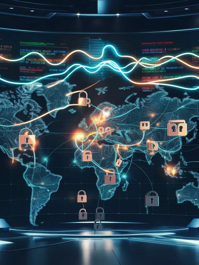 Image about physical security and events reporting in an online world, showing the connectivity and the world map,add more elements like locks and deep mind connection
