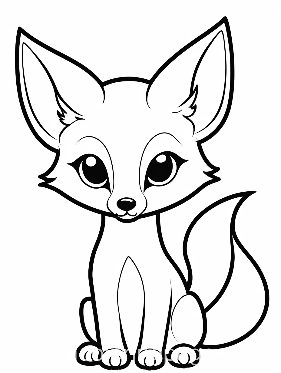 cute Fox, big cute eyes, pixar style, simple outline and shapes, coloring page black and white comic book flat vector, white background, Coloring Page, black and white, line art, white background, Simplicity, Ample White Space