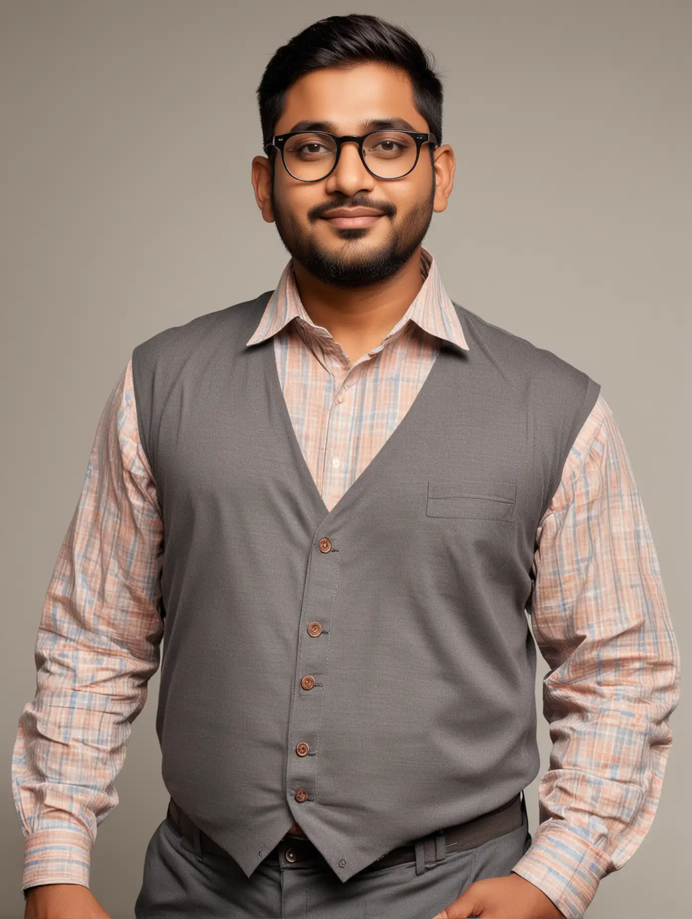 An Indian wearing spectacles with broad shoulders and fat body (kinda like dad body)