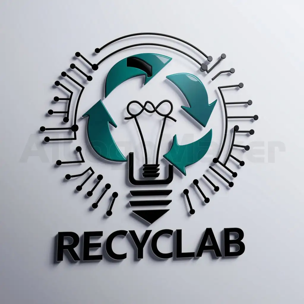 a logo design,with the text "RecycLab", main symbol:A light bulb to symbolize innovation and intelligence, with recycling symbol arrows integrated into the filament or around the bulb.nUse a circular shape to symbolize the circular economy, with electronic circuit patterns to represent technology and AI.,Moderate,be used in Technology industry,clear background