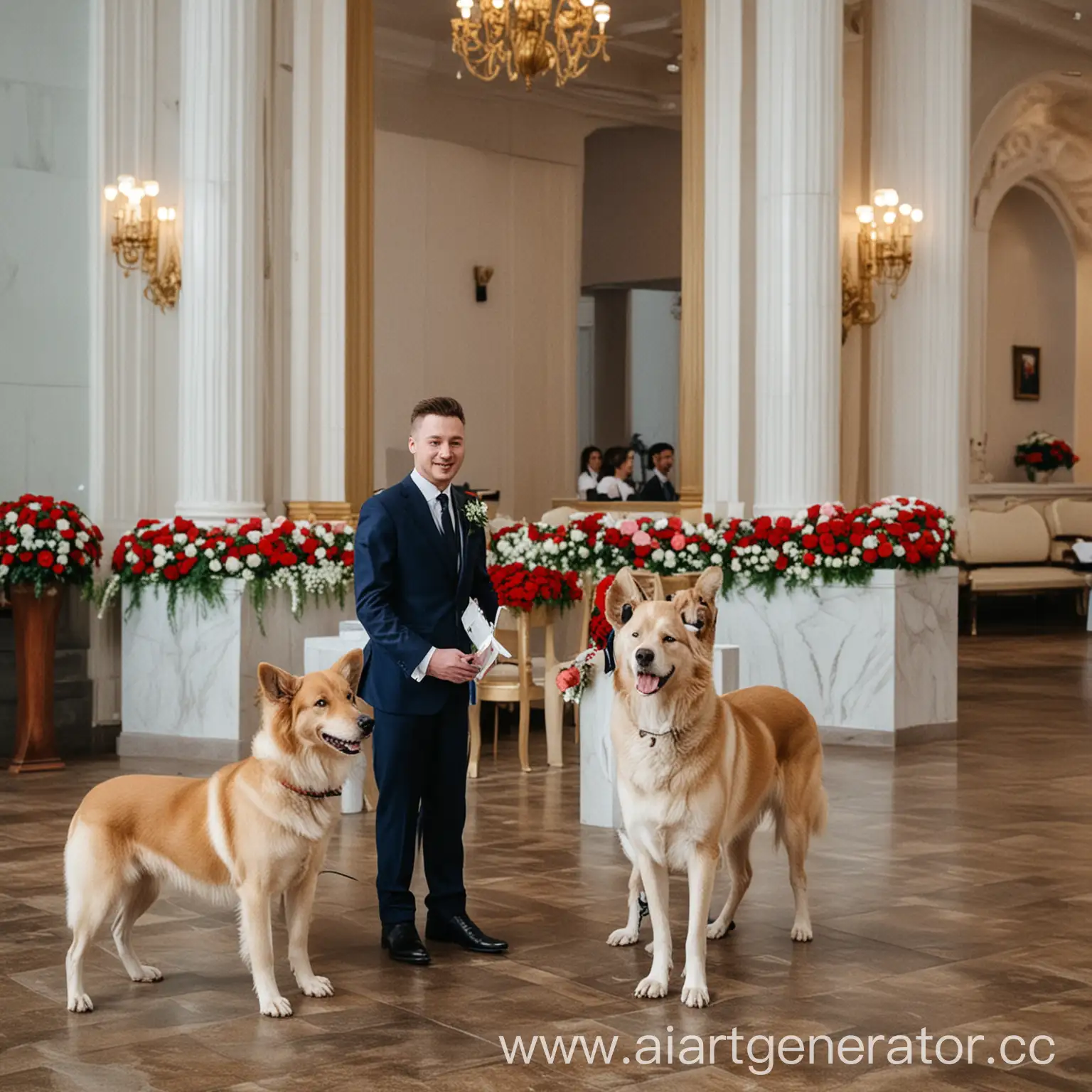 Две собаки стоят у ресепшена в Moscow City