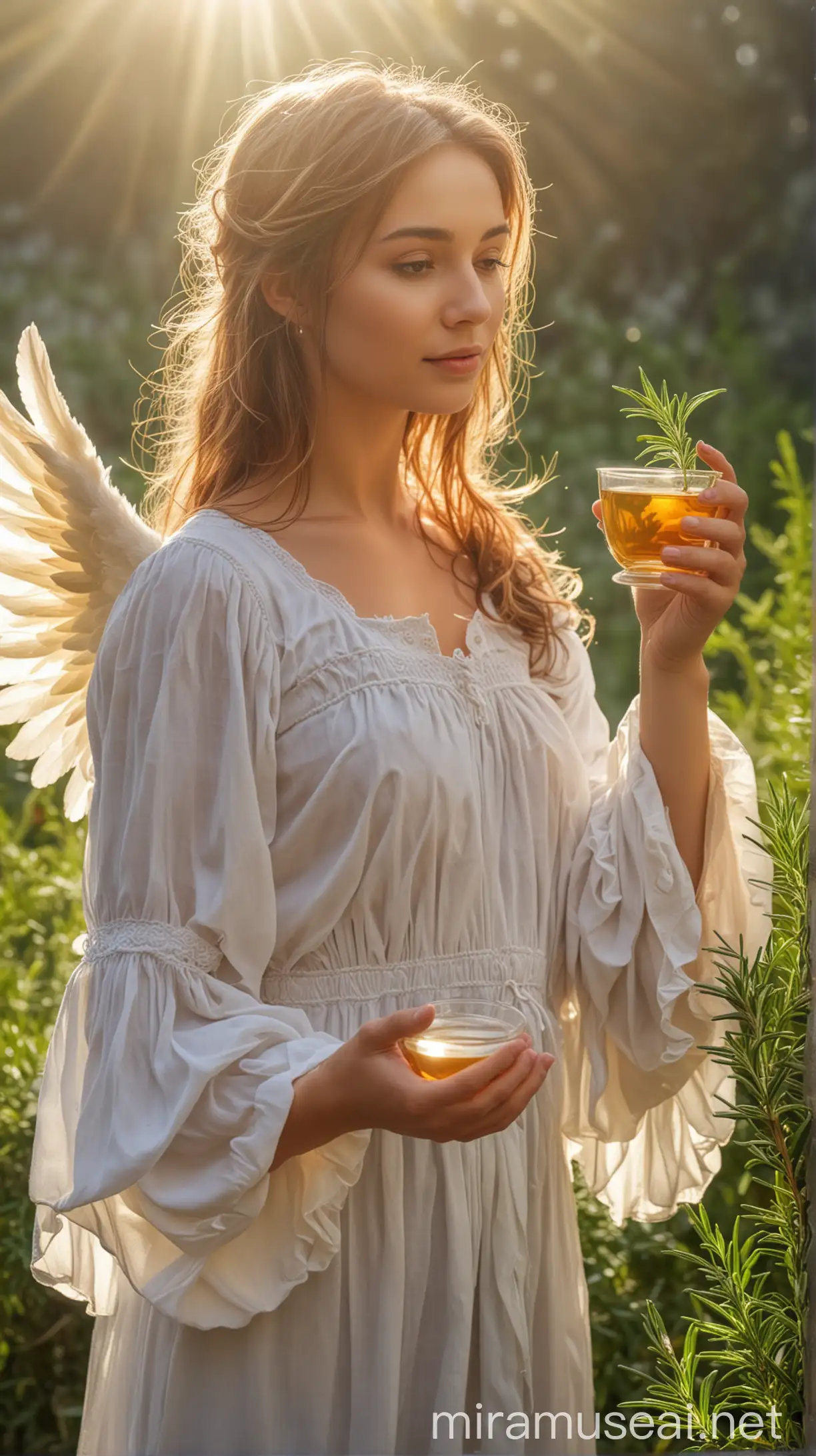 Beautiful Angel women and holding rosemary Tea on hand, natural background, sun light effect, 4k, HDR, morning time weather