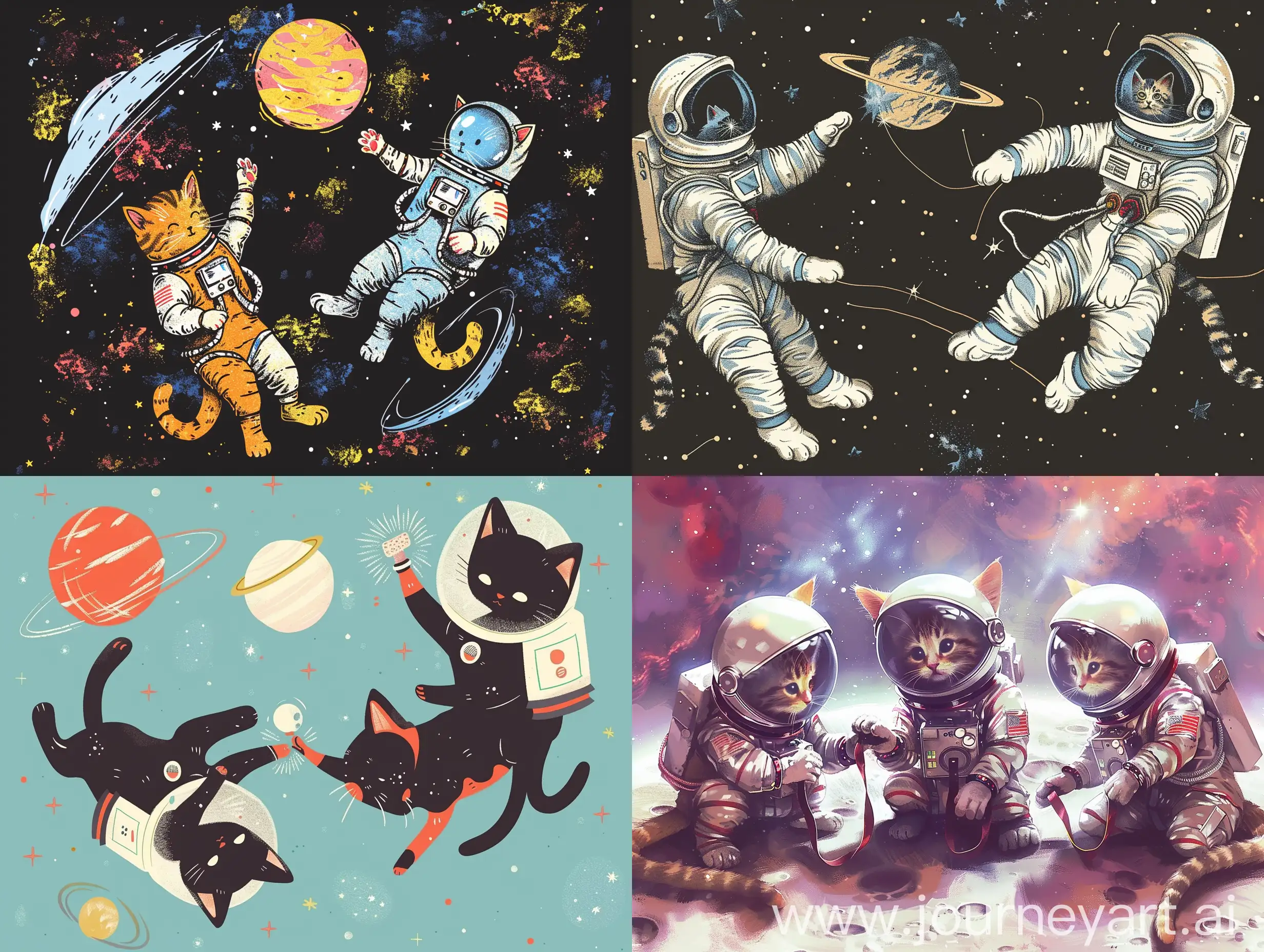 宇宙中、三只宇航员猫咪正在玩耍