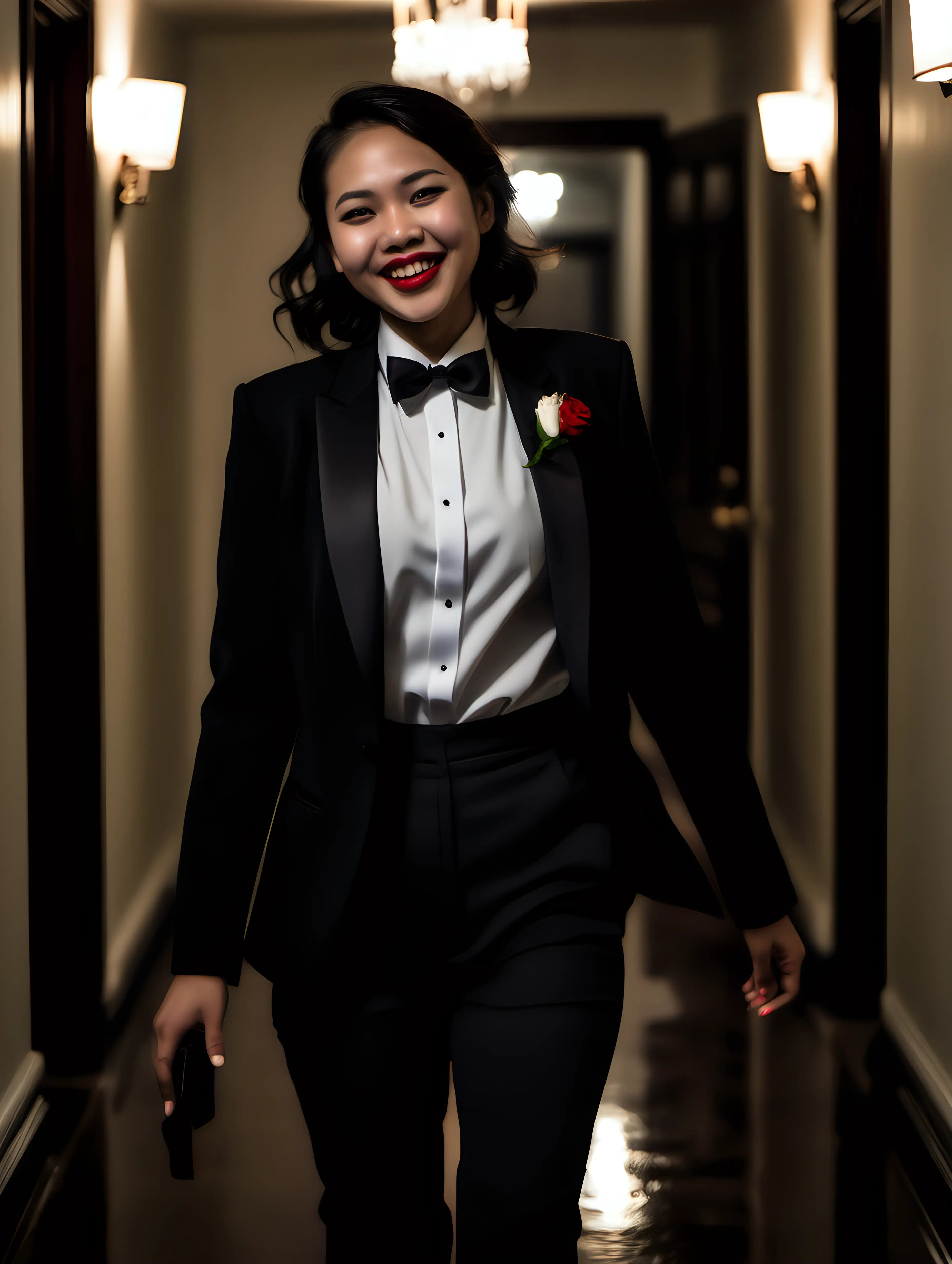 It is night. A smiling and laughing 30 year old Pinoy woman with shoulder length hair and red lipstick is walking down a dark hallway in a mansion. She is facing forward. She is wearing a tuxedo with a black jacket with a corsage and a white shirt and a black bowtie and black cufflinks and black pants. She is relaxed. Her jacket is open.