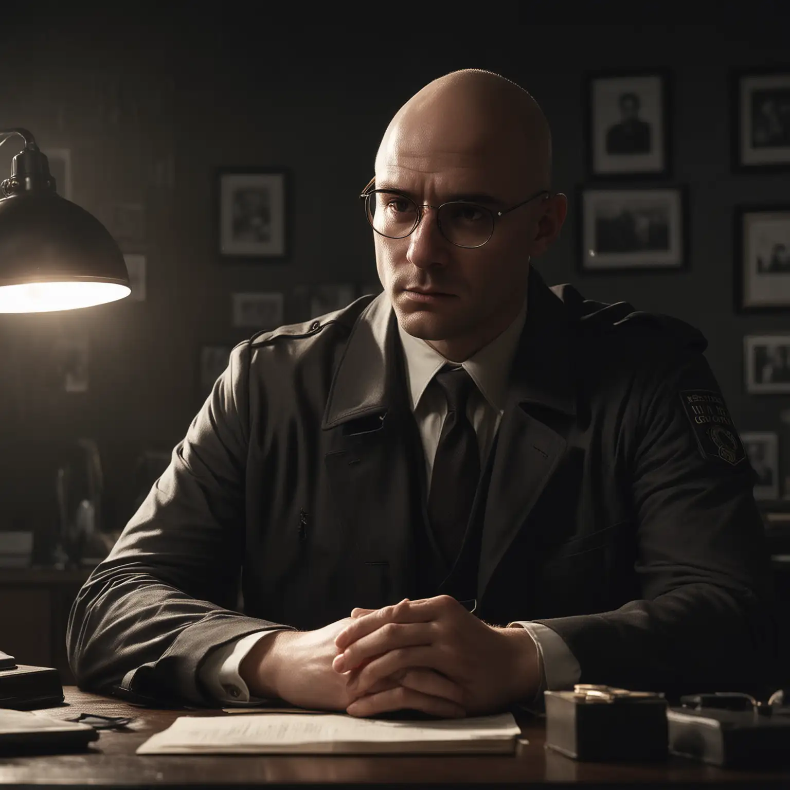 A human male, detective, bald, glasses, sitting in a detective’s office, dark ambient lighting, realistic
