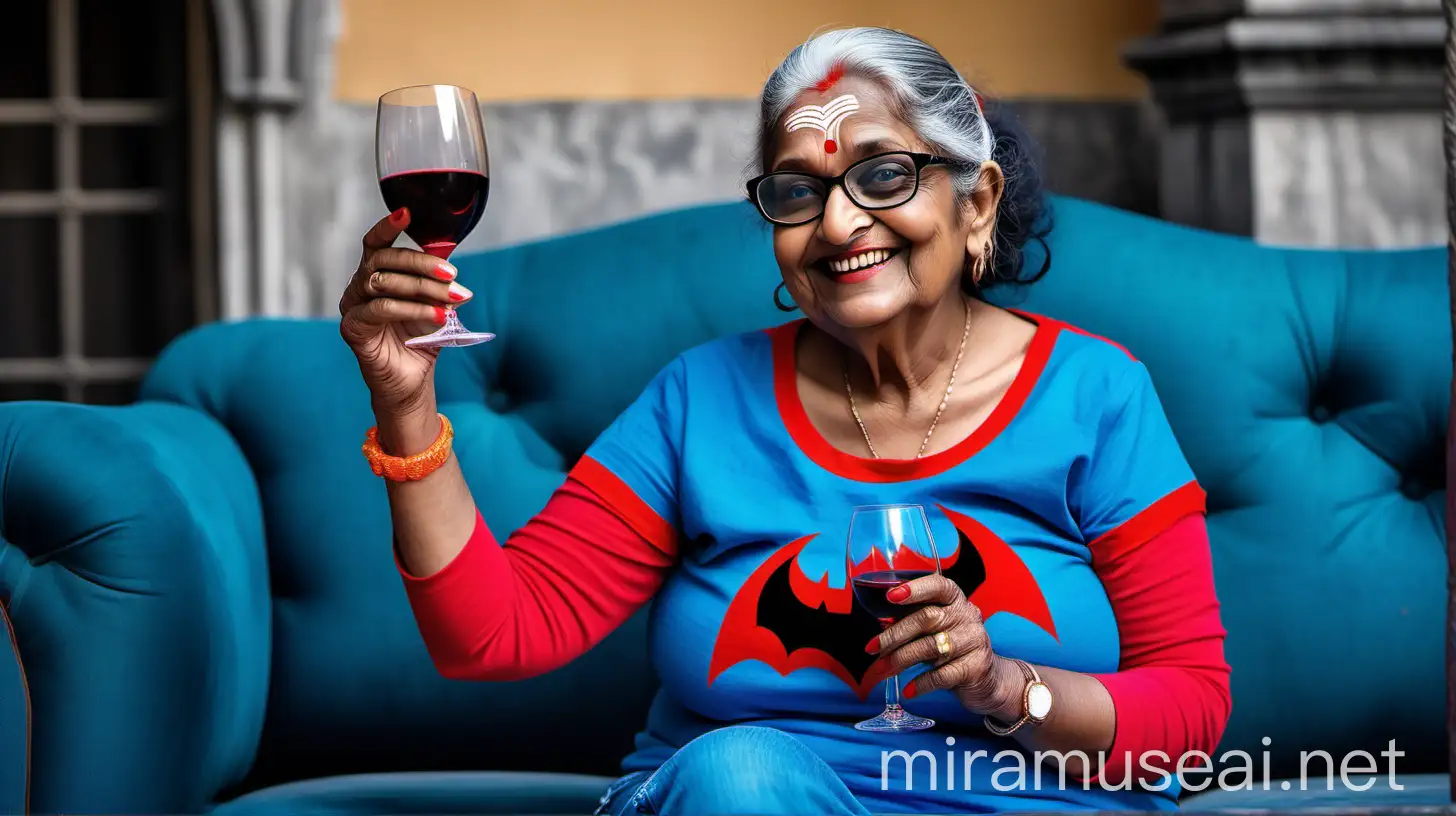  a mature fat indian  woman with 89 years old age wearing a Prescription Eyeglasses on face with curvy body wearing a neon red batman logo  t shirt  and a blue denim jeans with full make up ,open hair style, holding a wine glass , sitting on a royal luxurious  sofa near a royal palace court yard , she is happy and smiling, near her a fat miking cow is standing, its evening and a lot of lights are there 
