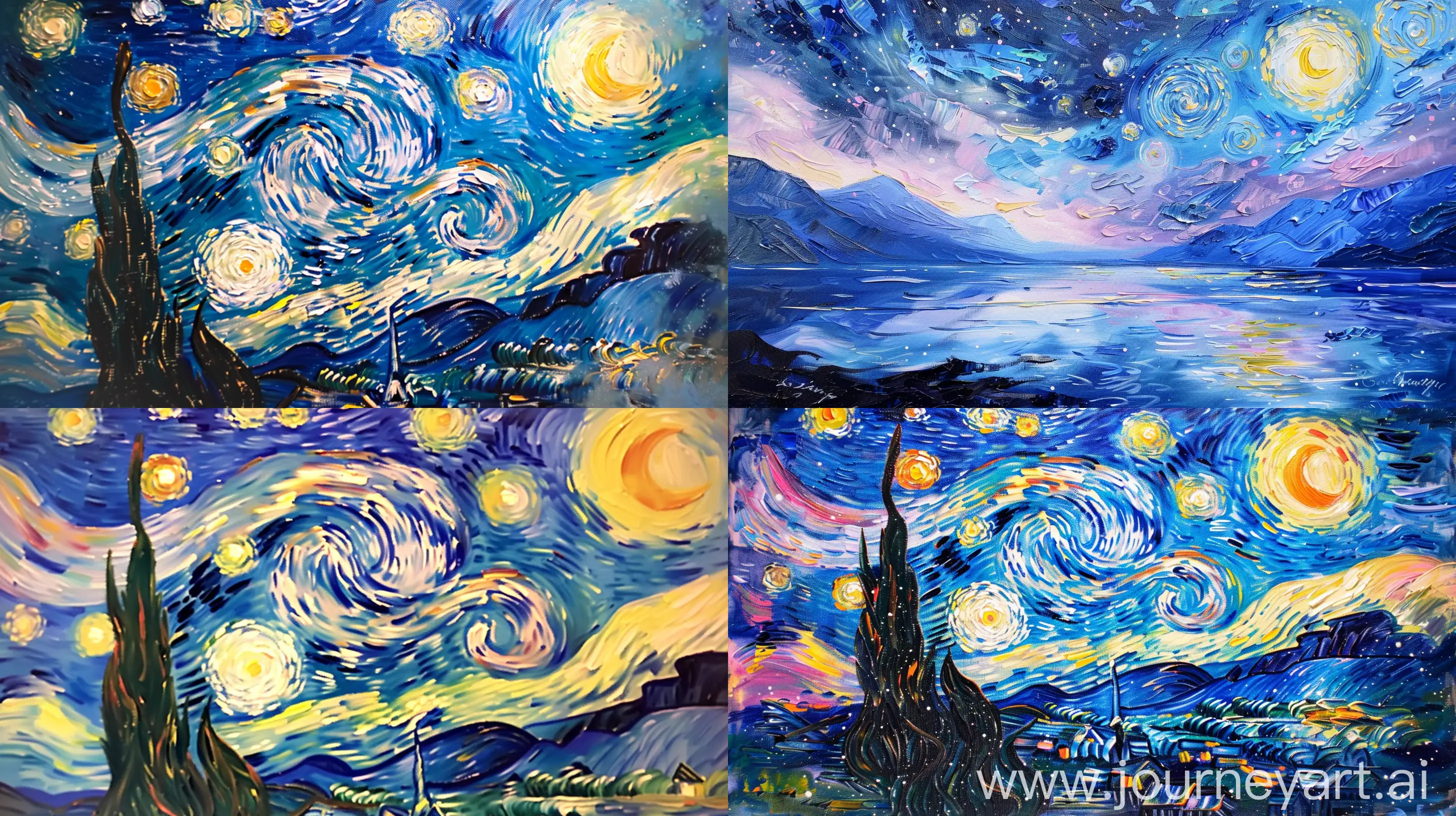 oil painting of starry night in van gogh style with soft vibrant pastel colors --ar 16:9