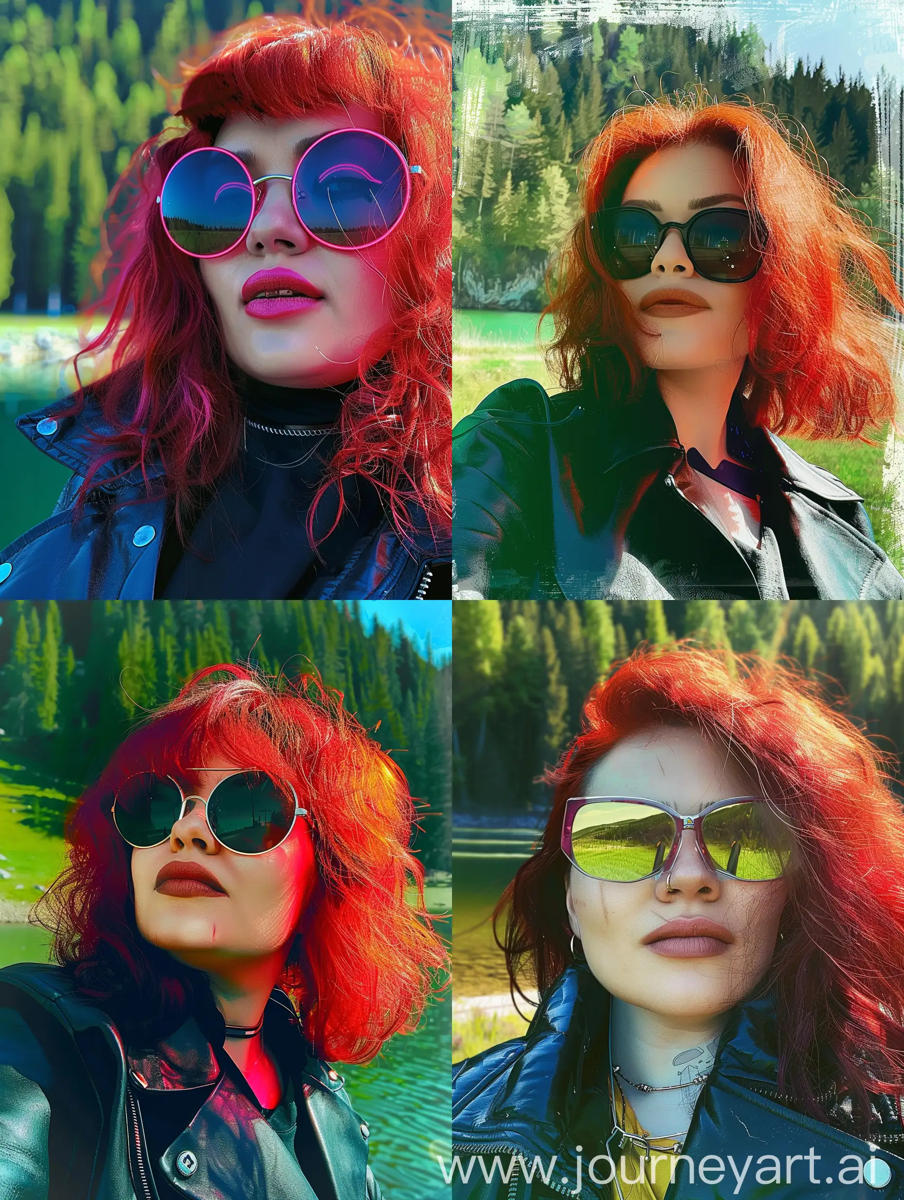 Futuristic-Cyberpunk-Woman-with-Red-Hair-and-Dark-Glasses-in-NeonLit-Urban-Environment