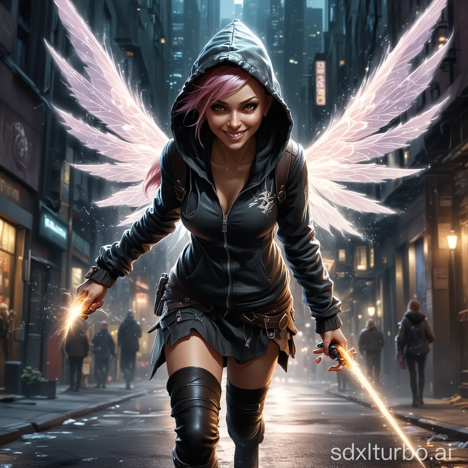 Create a high resolution, 16:9 aspect ratio, image about "A Shadowrun legend". Show a pixie wearing a hoodie grinning wide while blasting magic to the left side. The pixie flies with sparkling, translucent wings alone in a dark street of modern city.
