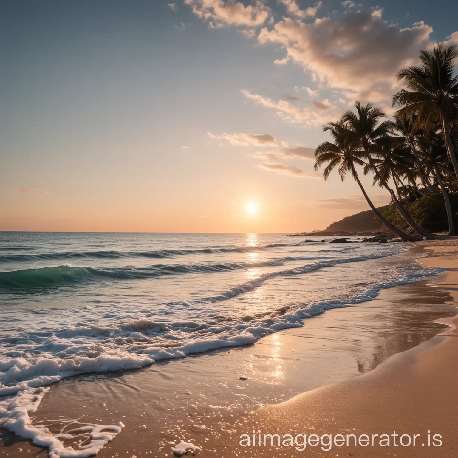 Calm-Beach-Scene-with-Tranquil-Waters-and-Clear-Skies