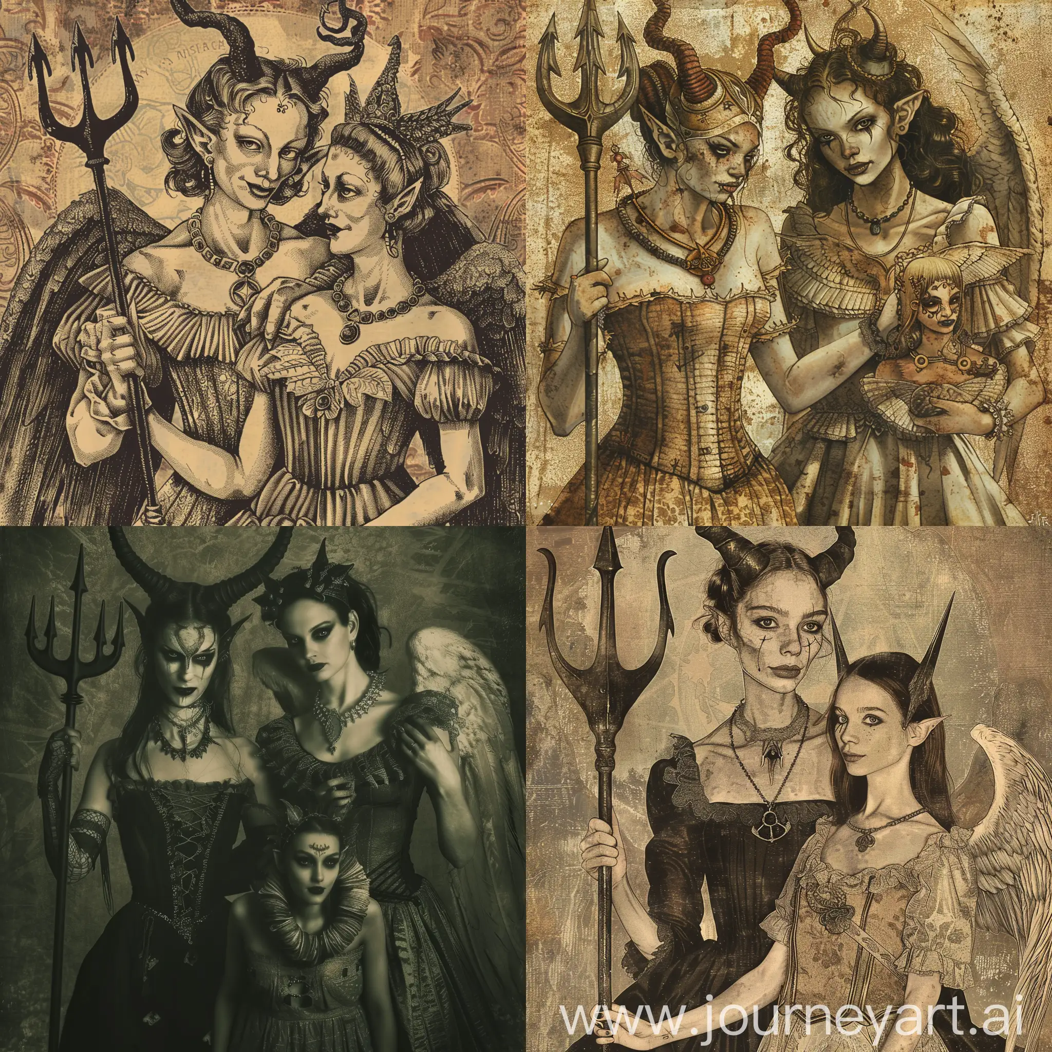 A demon woman holding a trident in her left hand and holding a collared angel woman in her right hand