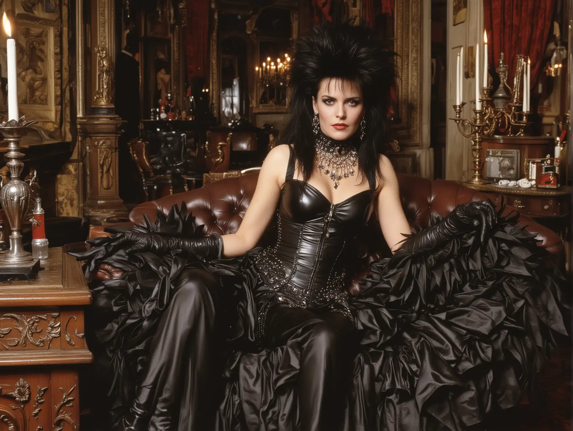 a full length view of 1980s patricia morrison with enormous huge spiky hair, jewelled choker, jewelled bracelets, wearing sleeveless black leather full length ball gown, black leather gloves, black leather ankle length boots sitting in a gothic mansion lounge holding a cigarette holder