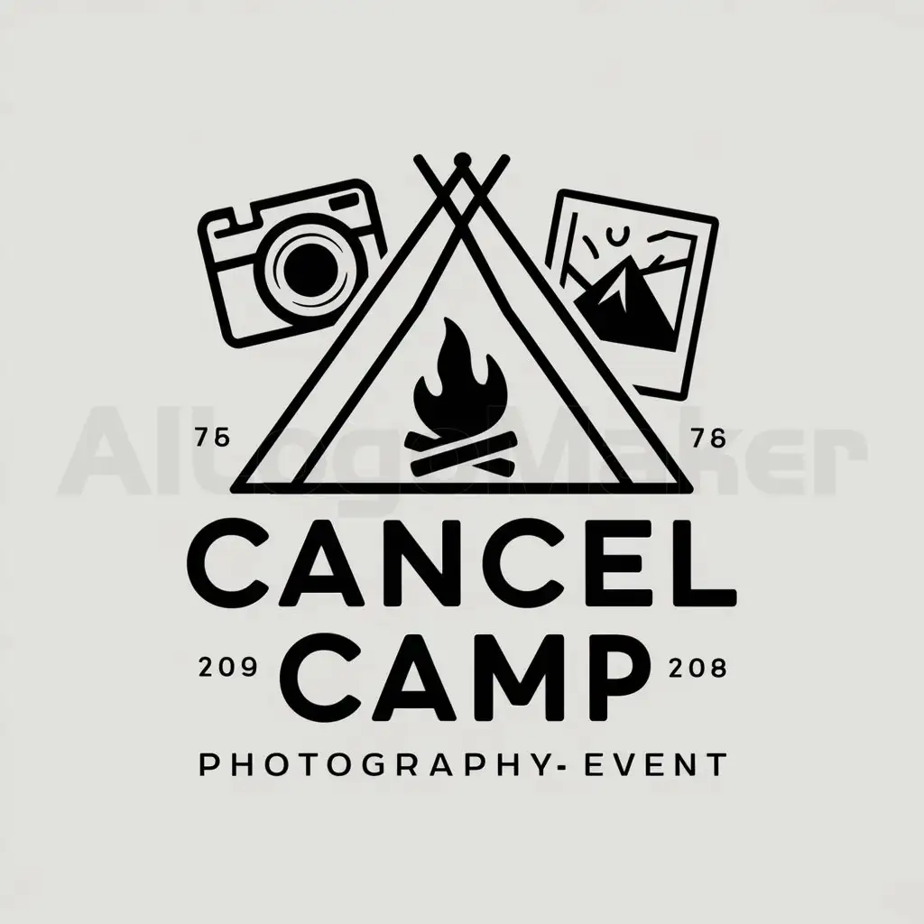 a logo design,with the text "CANCEL CAMP", main symbol:A TENT AND A CAMP FIRE WITH A CAMERA AND POLOROID PHOTOS,Moderate,be used in PHOTOGRAPHY industry,clear background