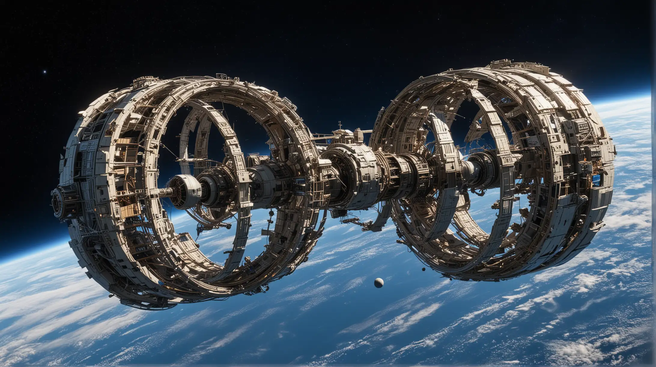 a big toroidal space station in orbit around the Earth