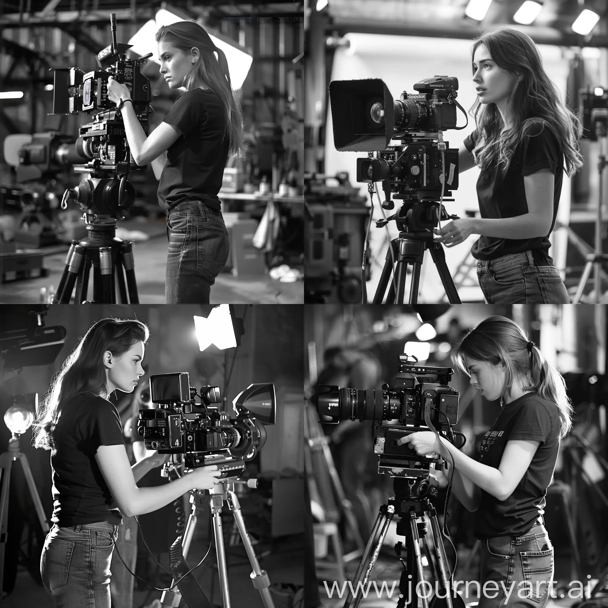 camera girl, brunette with white skin, stands and films with a movie camera on the set, she is of average build, wearing a black T-shirt and jeans. The photo was taken with a 35 mm camera. medium plan.