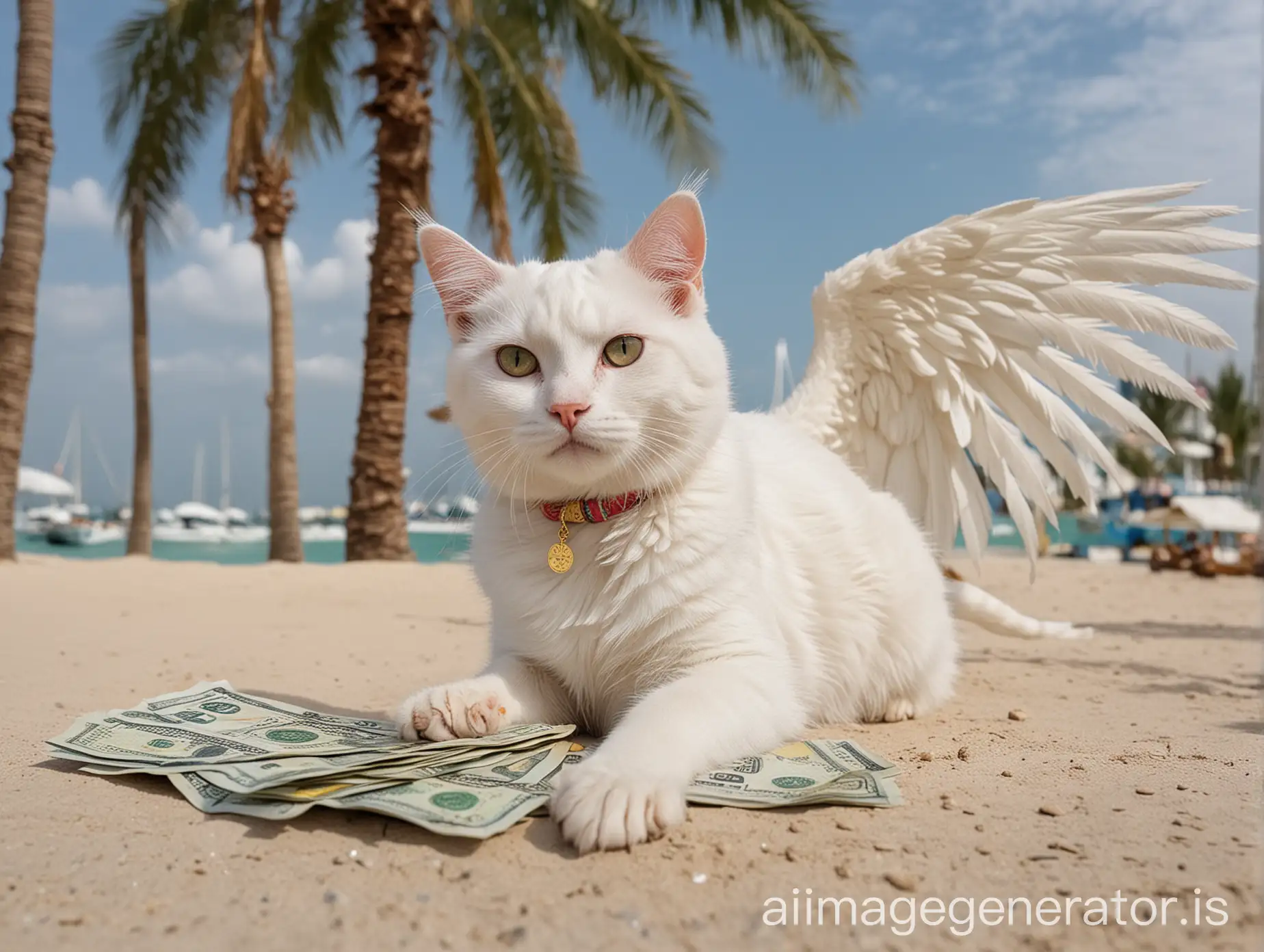 A white angelcat with wings chilling in palm beach at dubai with money rain