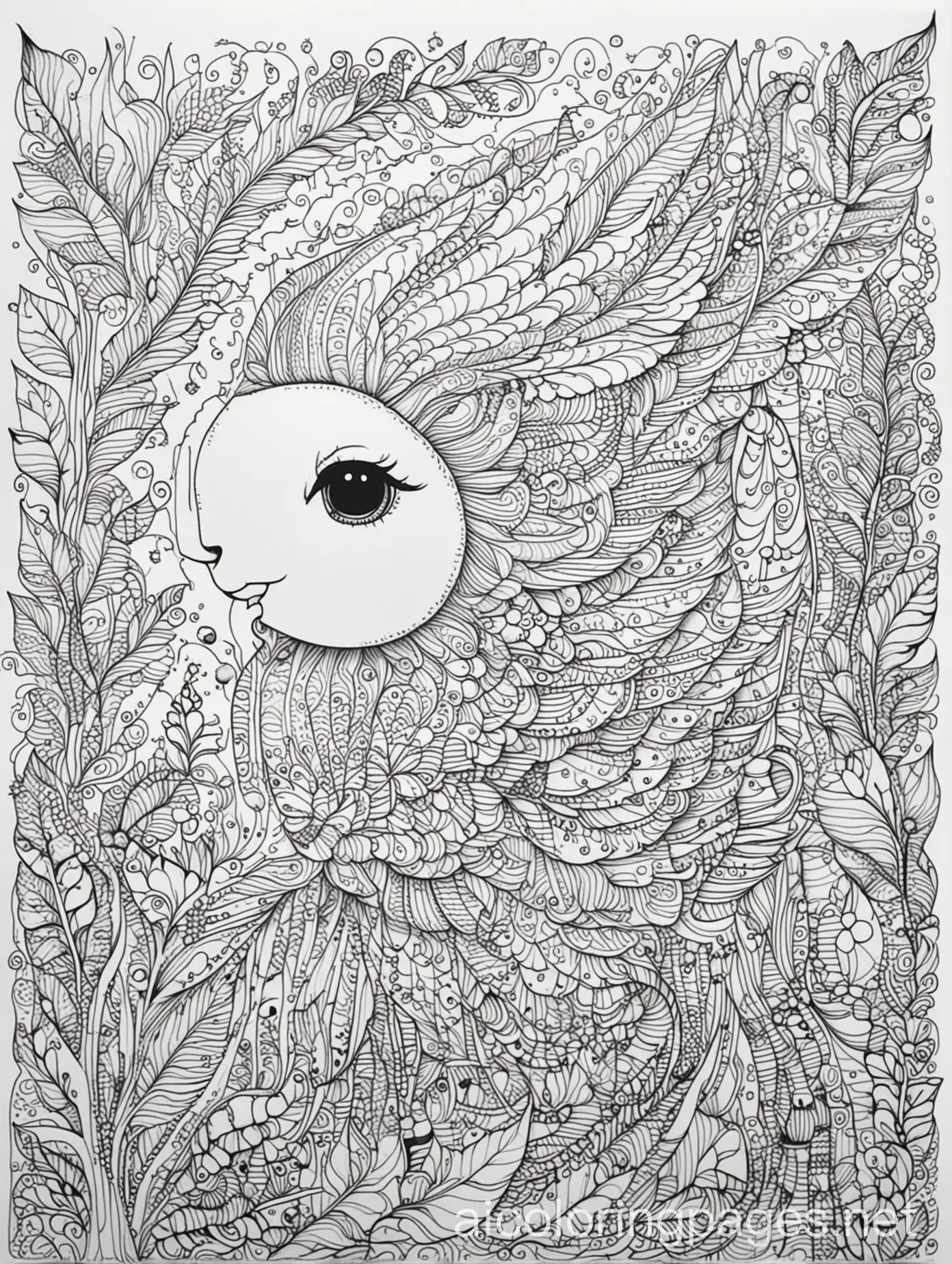 Whimsical adult coloring book page black and white outline with intricate detail, Coloring Page, black and white, line art, white background, Simplicity, Ample White Space. The background of the coloring page is plain white to make it easy for young children to color within the lines. The outlines of all the subjects are easy to distinguish, making it simple for kids to color without too much difficulty