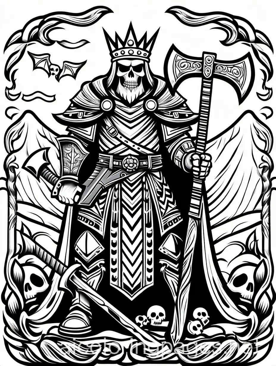 scary skull king with a big axe, Coloring Page, black and white, line art, white background, Simplicity, Ample White Space. The background of the coloring page is plain white to make it easy for young children to color within the lines. The outlines of all the subjects are easy to distinguish, making it simple for kids to color without too much difficulty