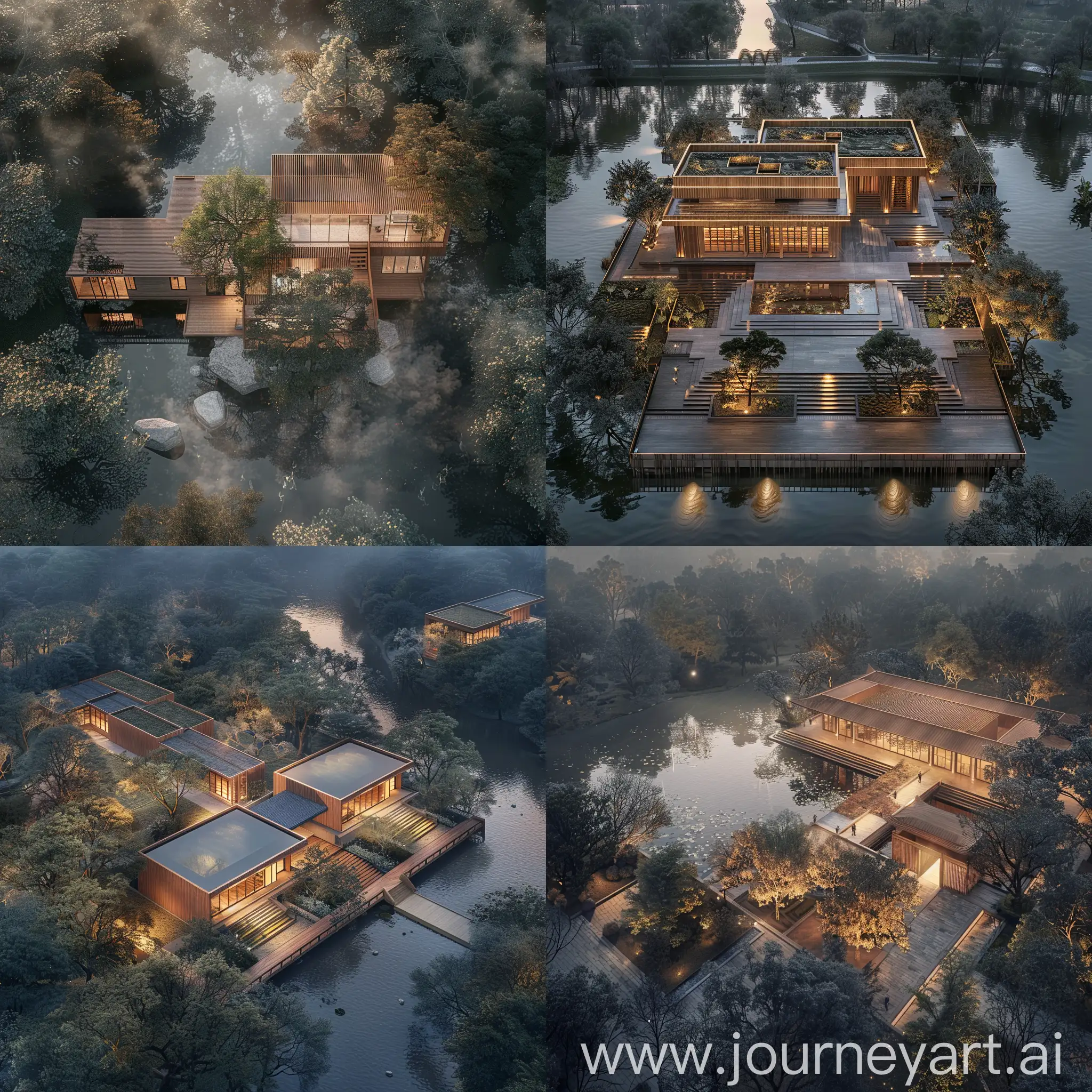Aerial perspective,Temple Wooden , Riverside, Harmonious Interaction with Nature, Modern and Sustainable Design, Natural Serenity, Soft Ambient Lighting, simple shapes, Detailed Architectural Rendering,contemporary, Earth Tones and Natural Hues, High-Resolution Architectural Visualization, Realistic Quality, Environmental Consciousness