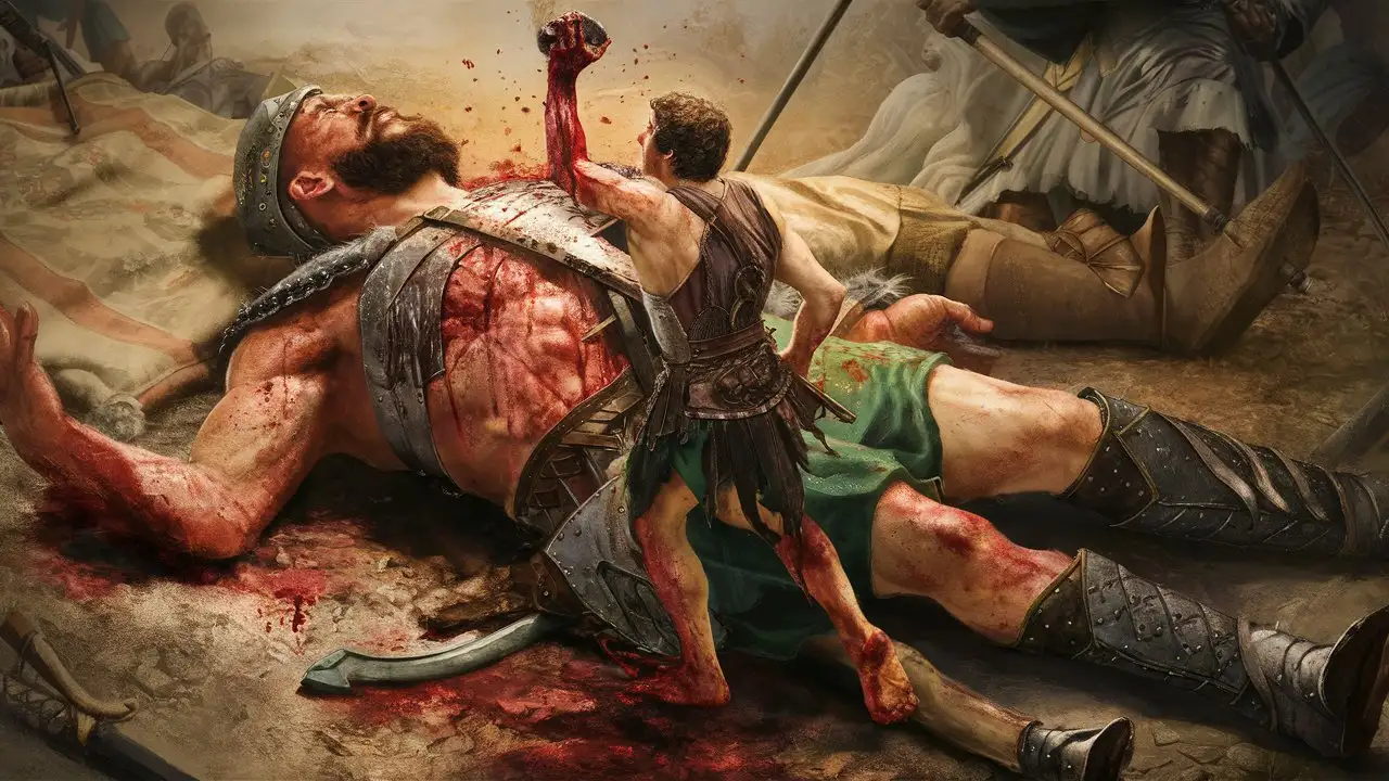Goliath's defeat, lying prone on the ground as David stands victorious over him.