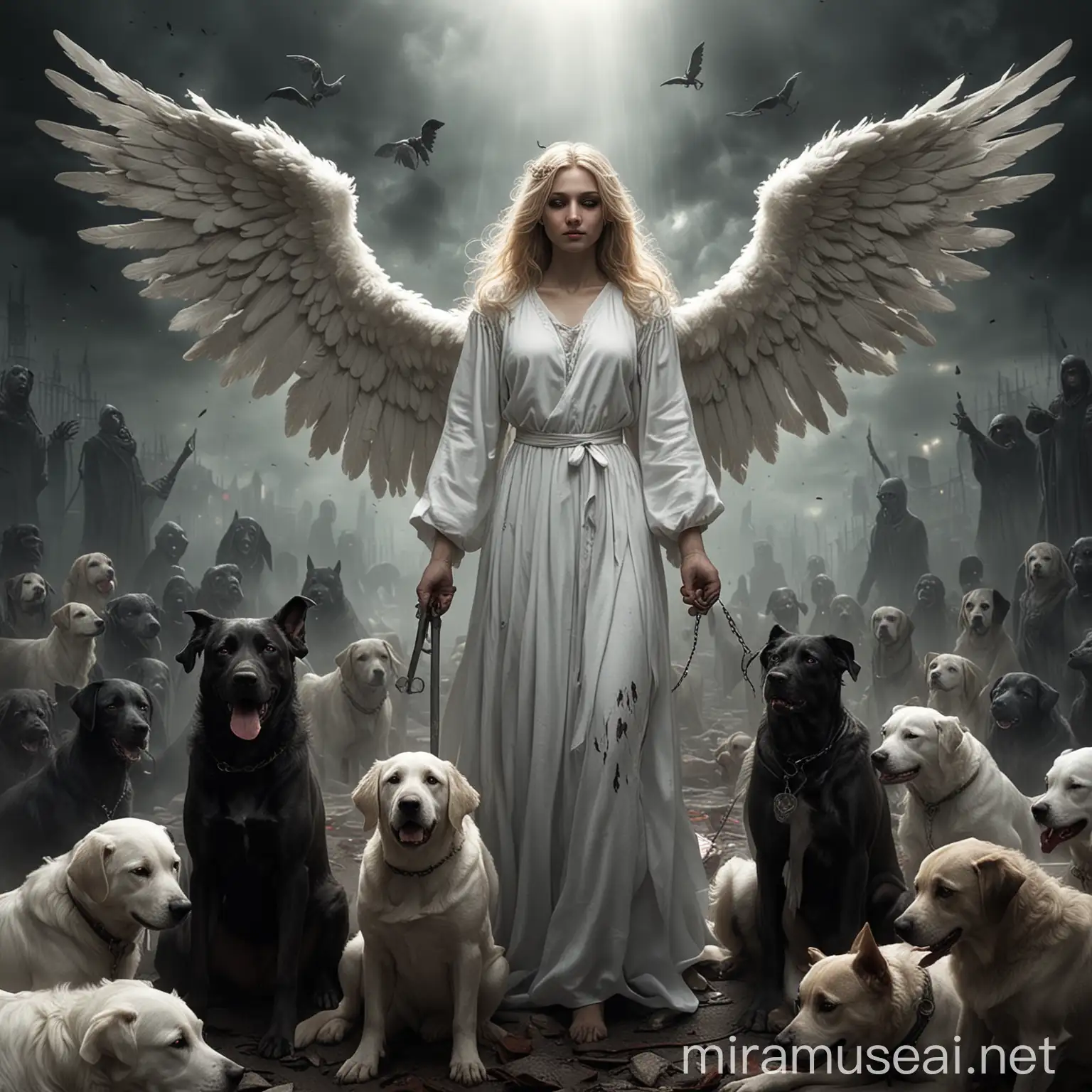 Sinister Scene Humanized Dog Angels and Evils Surrounded by Souls
