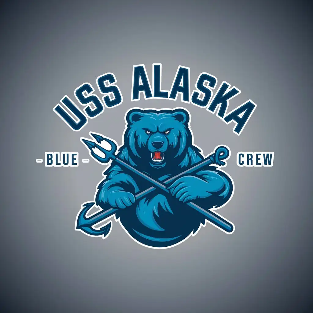 LOGO-Design-For-USS-Alaska-Blue-Crew-Majestic-Bear-with-Trident-and-Anchor-on-Clear-Blue-Background