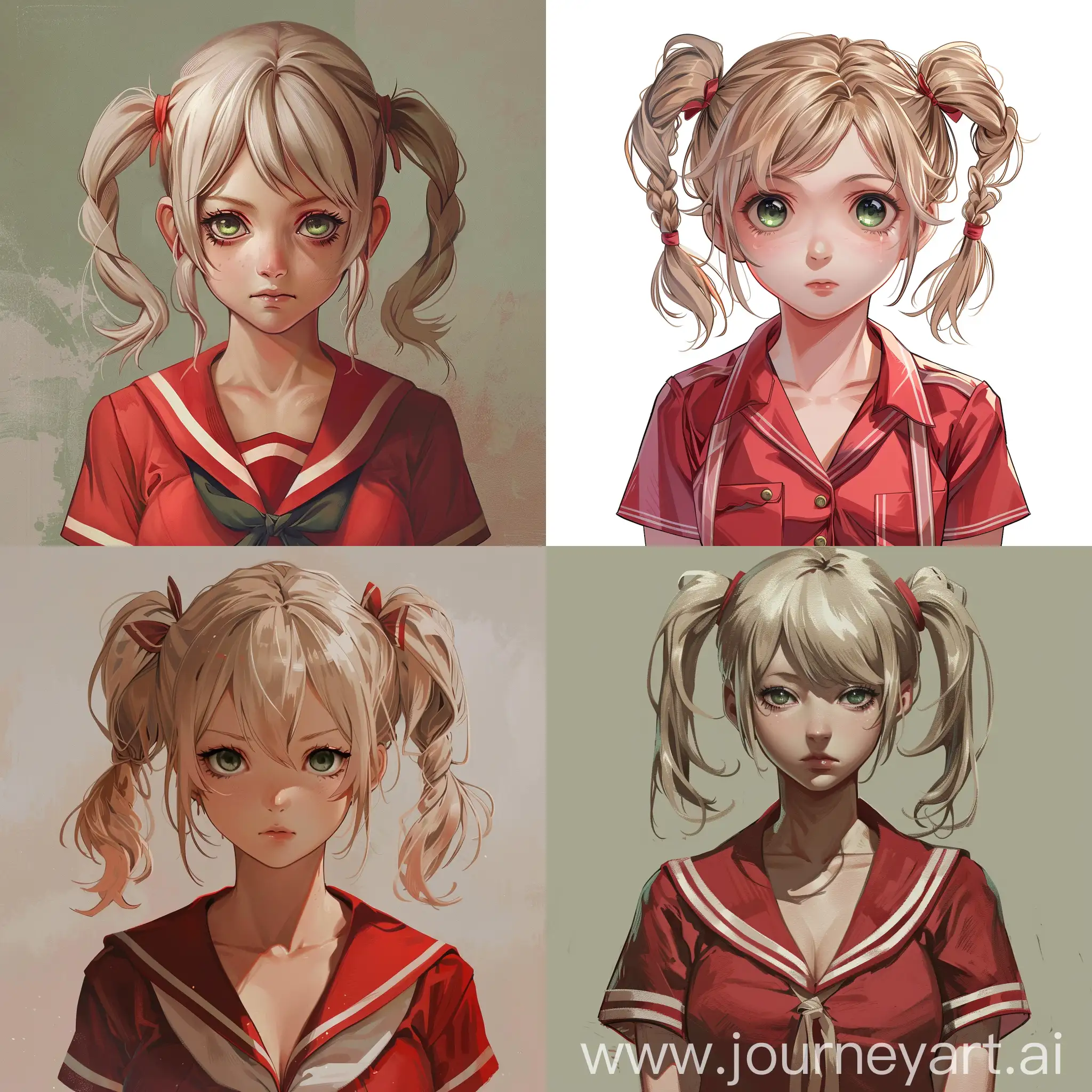 portrait of Lena from Everlasting Summer visual novel, shortest #58408A hair in pigtails, pale skin, green eyes, shy expression, red summer camp uniform, less detailed, realistic anime style, trending on artstation