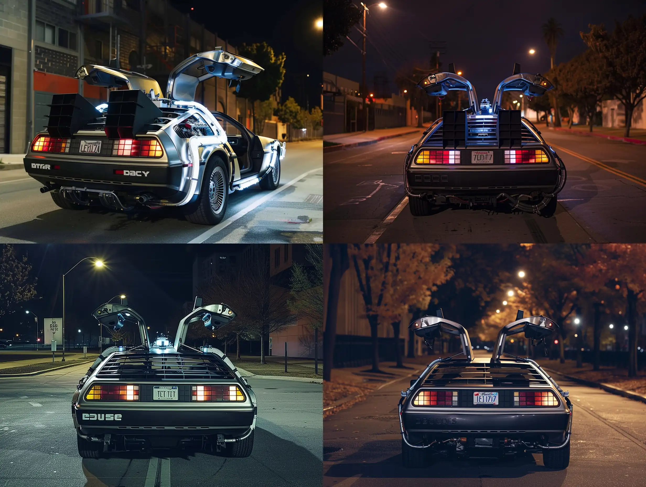 Rear of Back to the Future delorean parked on deserted street at night