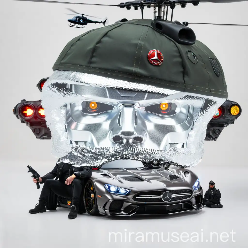 A god with a helicopter hat with a terminatot in it, and a mercedes beard 