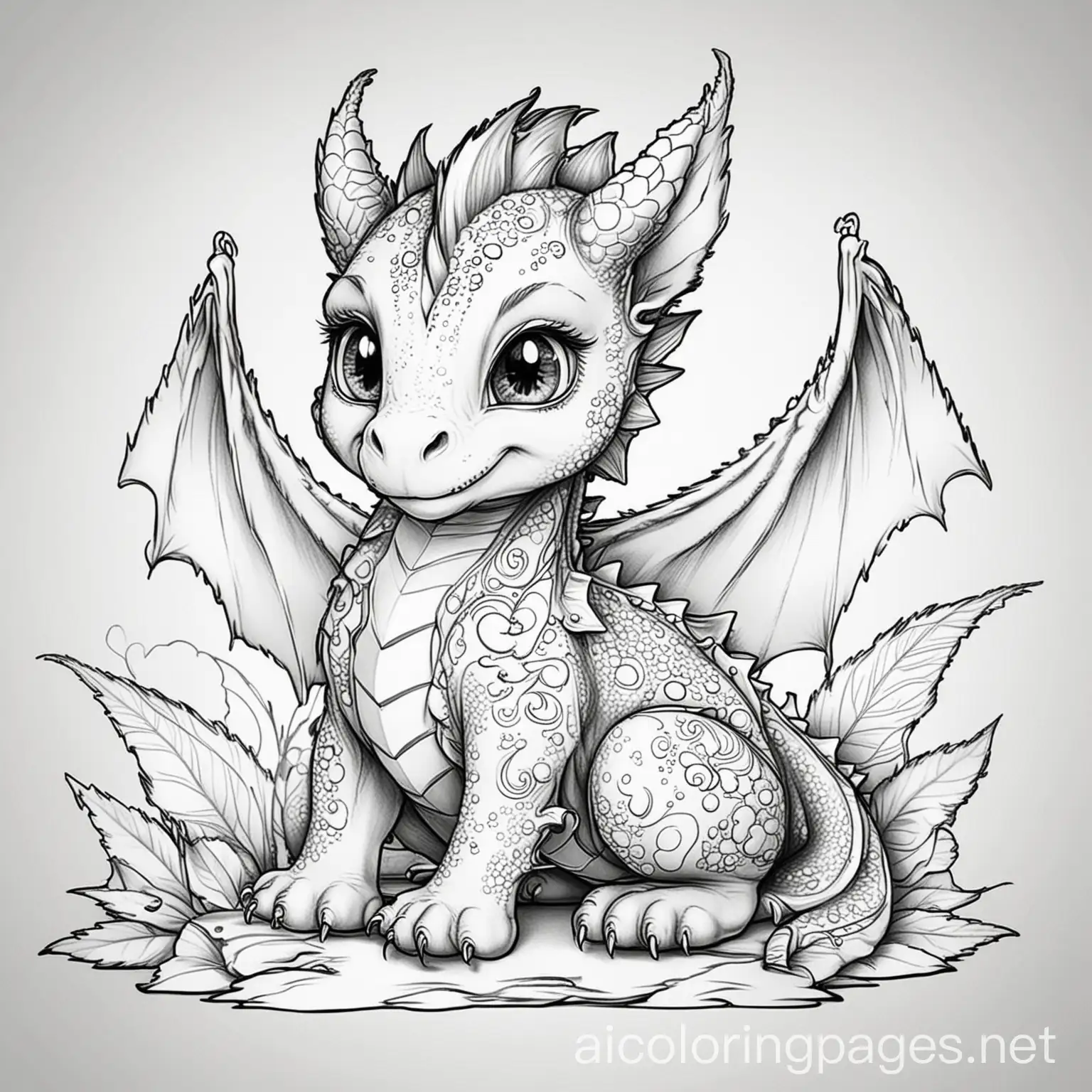 Baby Dragon Coloring Pages for Adults and Kids, Coloring Page, black and white, line art, white background, Simplicity, Ample White Space. The background of the coloring page is plain white to make it easy for young children to color within the lines. The outlines of all the subjects are easy to distinguish, making it simple for kids to color without too much difficulty
