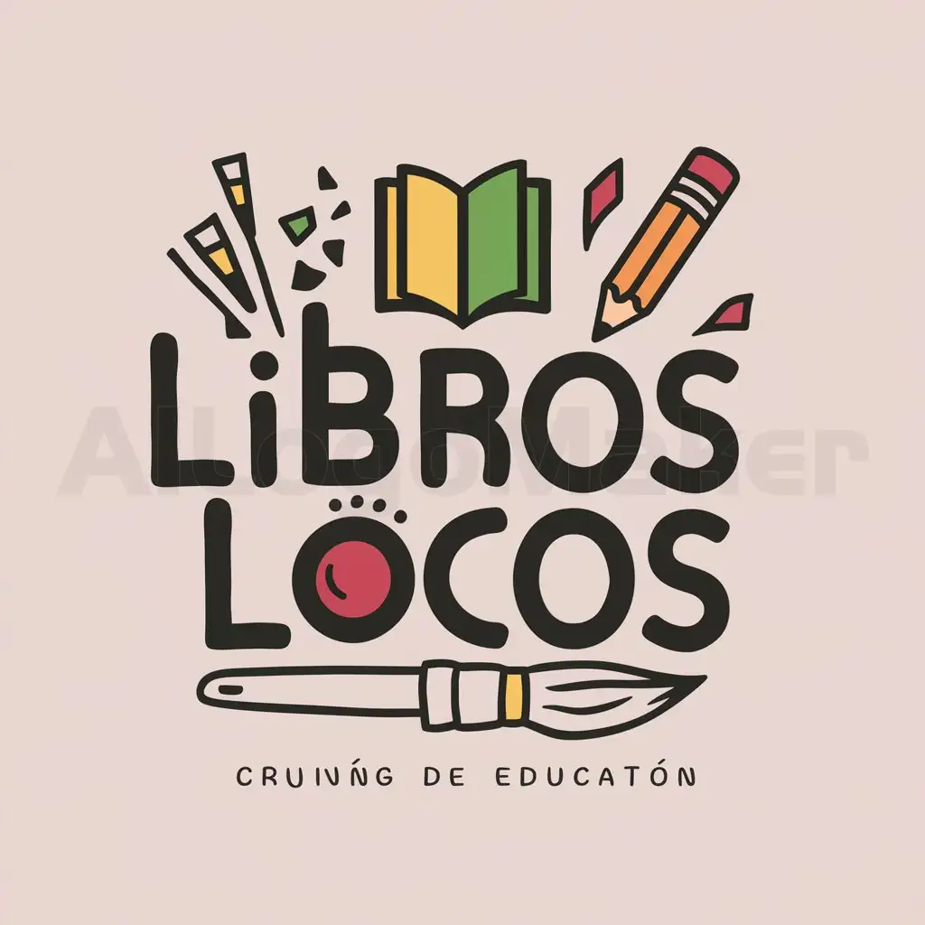 a logo design,with the text 'Libros locos', main symbol:libros, lapices, pinceles, Moderate, be used in Education industry, pink background