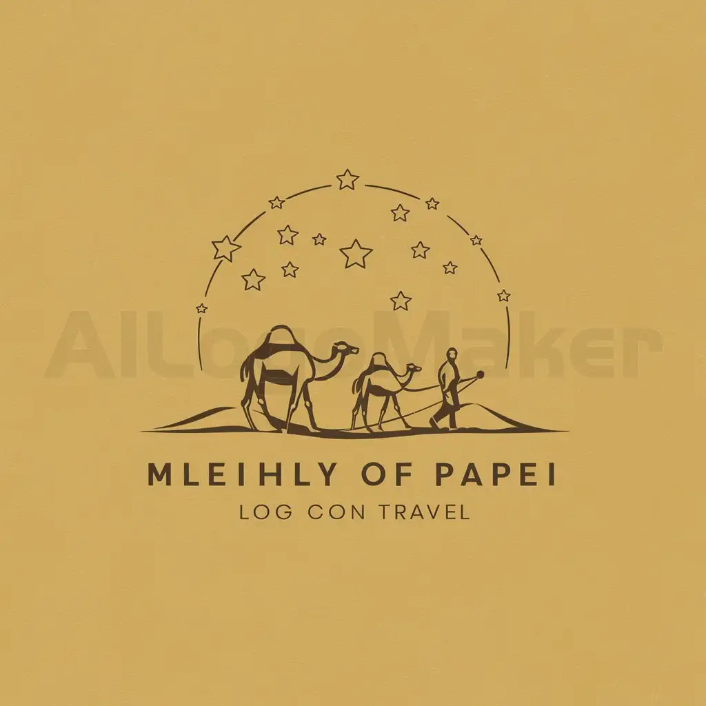 a logo design,with the text "Stars desert", main symbol:Stars, desert, camel, trekking man, plan, sky, yellow and brown colors like branding globale,Minimalistic,be used in Travel industry,clear background