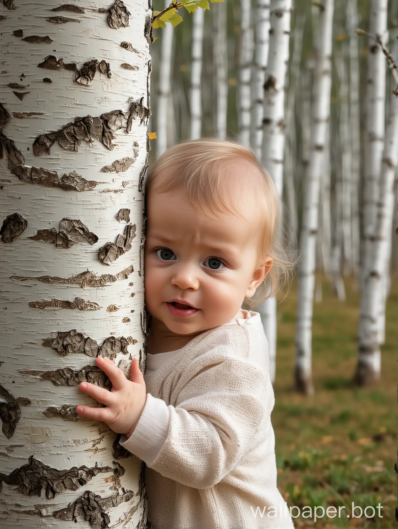 The baby hugs the birch tree