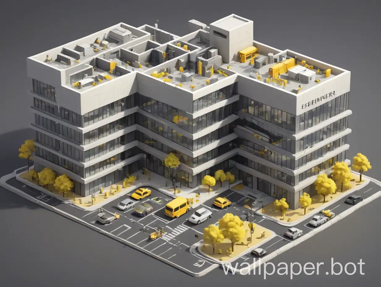 a very detailed image of one business center on a white background, in the style of isometric, matte photography, multi-layered dimensions, dark and white, frequent use of diagonals. yellow #FFE144, grey #6B6D7E, grey F0F1F2