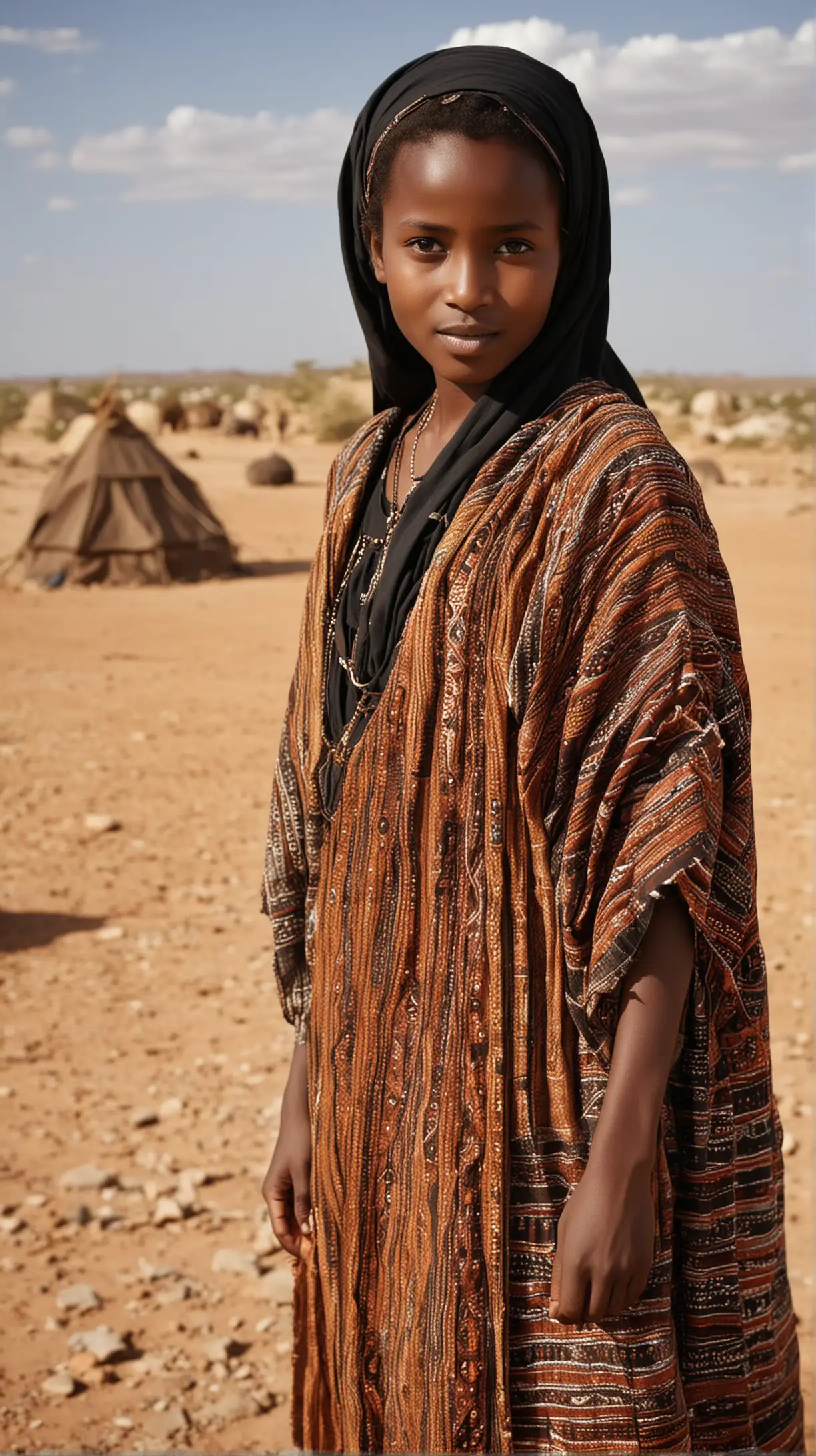 Young Waris Dirie in Traditional Somali Clothing Amidst Desert Nomadic Encampment