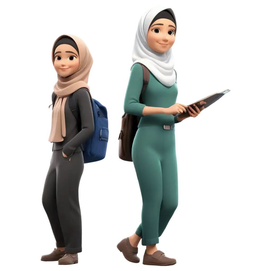 gambar animasi kartun 3 muslimah berseragam sekolah dan 1 muslim berseragam sekolah