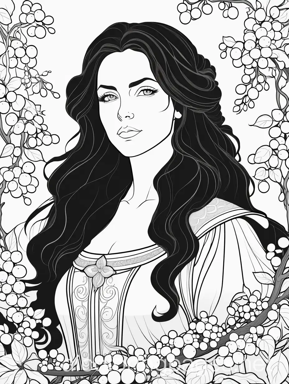 Yennefer of Vengerburg surrounded by lilacs and gooseberries, Coloring Page, black and white, line art, white background, Simplicity, Ample White Space. The background of the coloring page is plain white to make it easy for young children to color within the lines. The outlines of all the subjects are easy to distinguish, making it simple for kids to color without too much difficulty