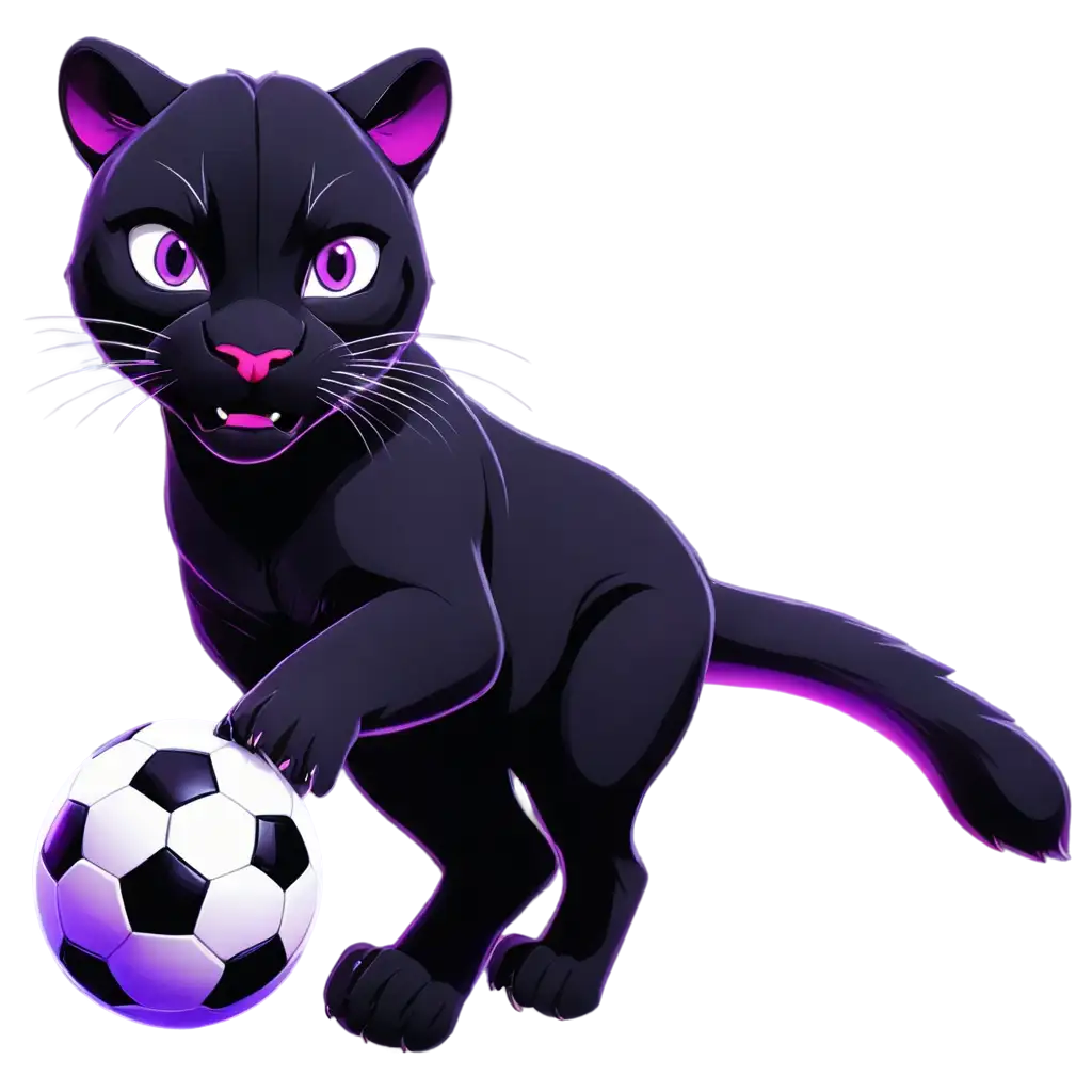 Cartoon-Panther-with-Glowing-Purple-Eyes-Kicking-Soccer-Ball-Vibrant-PNG-Illustration-for-Sports-and-Entertainment