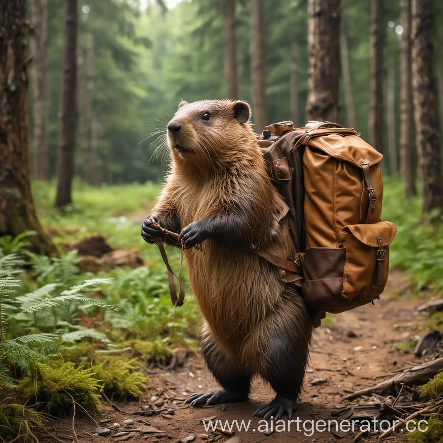 Бобер путешественник с рюкзаком в лесу
