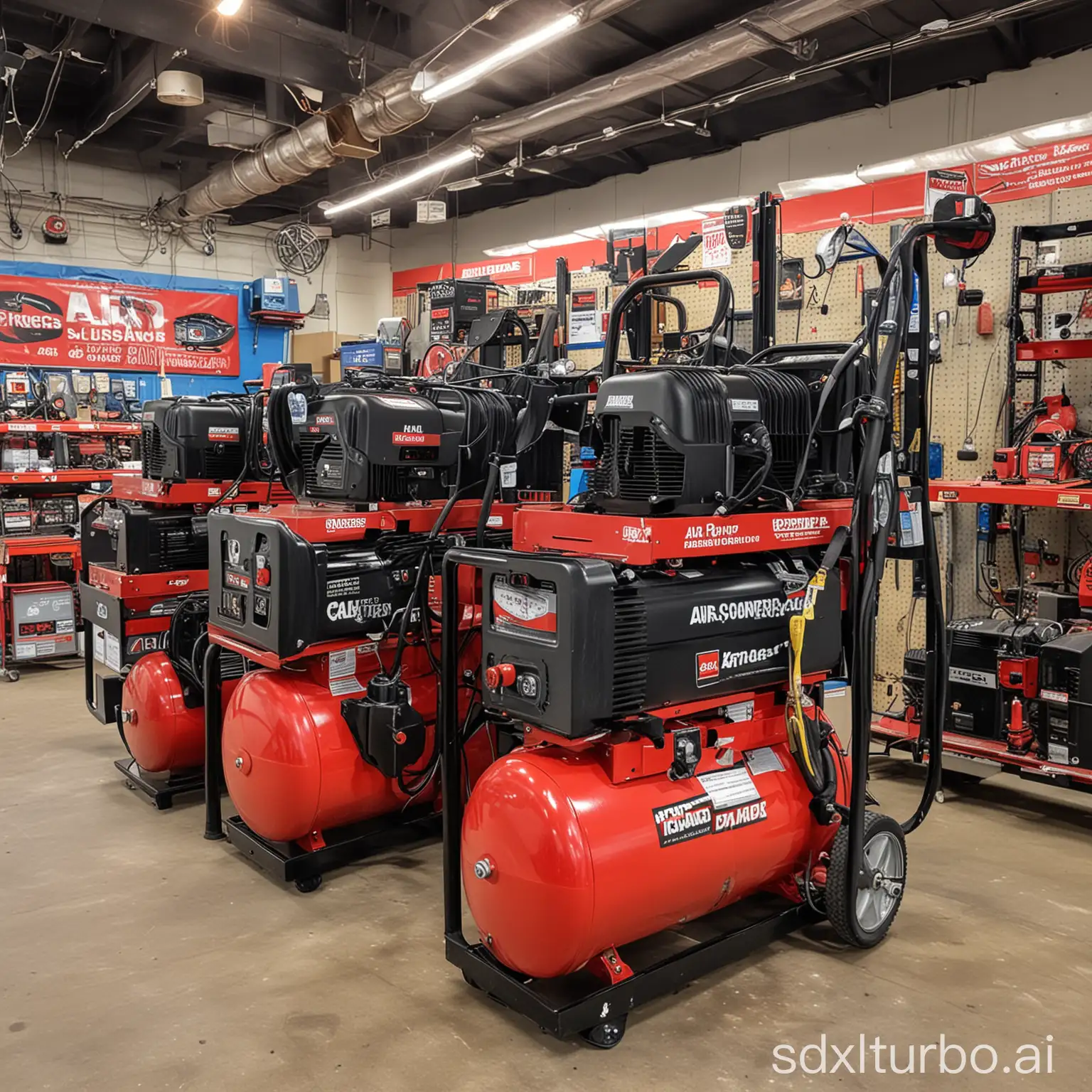 Various-Air-Compressors-Displayed-in-a-Store-Setting