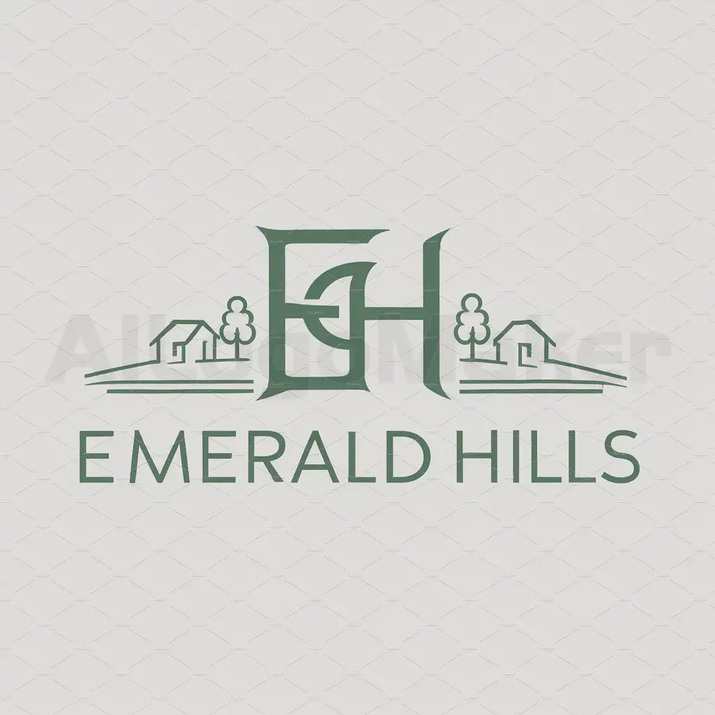 a logo design,with the text "Emerald Hills", main symbol:E H, homes, road, Green,Moderate,clear background