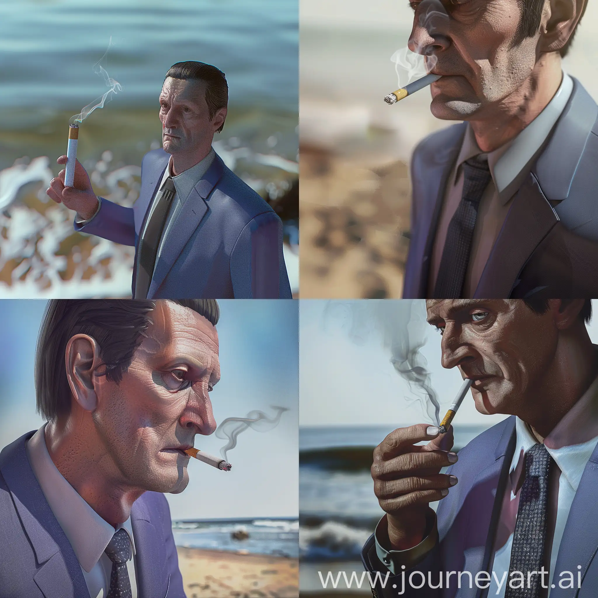 курит сигарету, задний фон пляж, максимум деталей, супер детализация, 8к, гипер реализм