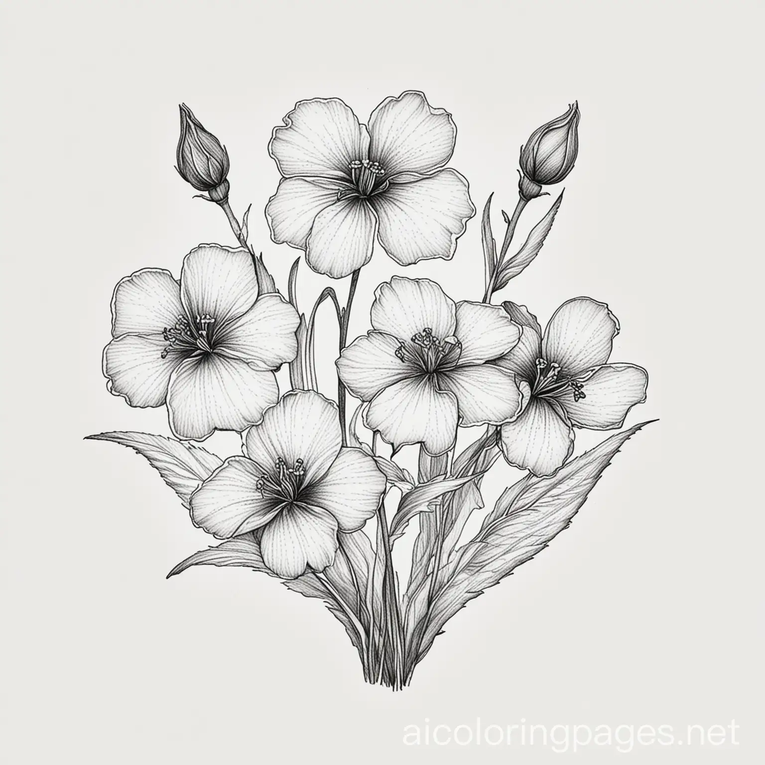 violet flowers, Coloring Page, black and white, line art, white background, Simplicity, Ample White Space. The background of the coloring page is plain white to make it easy for young children to color within the lines. The outlines of all the subjects are easy to distinguish, making it simple for kids to color without too much difficulty