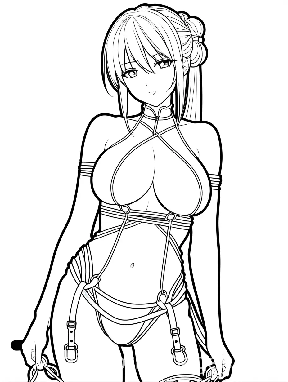 kinky cheeky extreme bondage anime girl , Coloring Page, black and white, line art, white background, Simplicity, Ample White Space. The background of the coloring page is plain white to make it easy for young children to color within the lines. The outlines of all the subjects are easy to distinguish, making it simple for kids to color without too much difficulty
