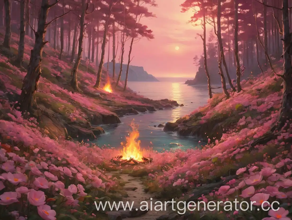Искусство, розовый, лес, море, цветы, огонь
