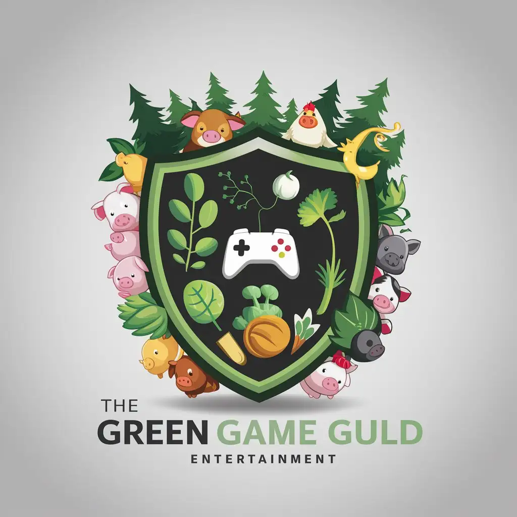 a logo design,with the text "Green Game Guild", main symbol:A shield with images of various plants and vegetables, and a game controller. A number of small cute animals peer around the edges of the shield, some forest animals, some cows pigs and chickens,Moderate,be used in Entertainment industry,clear background