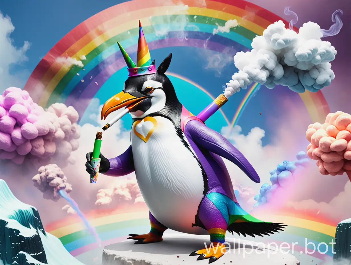 a penguin smoking a joint while riding a rainbow unicorn into battle